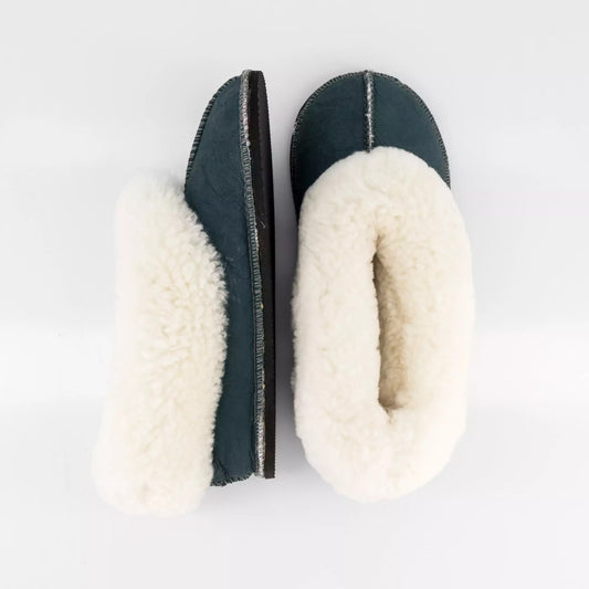 Hard-Sole Sheepskin Slippers , teal , top view